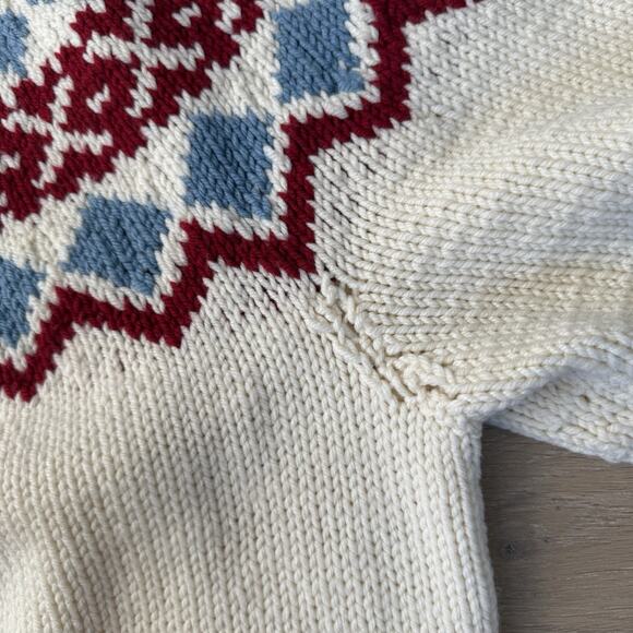 Vintage Icelandic Fair Isle Sweater Handmade White Blue Red Yolk L Non Wool - Picture 7 of 10
